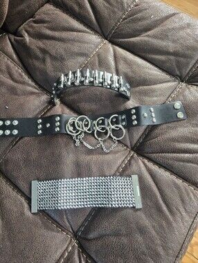 Black Studded Ring & Chain Choker Set with Silver Rhinestone Bracelet
